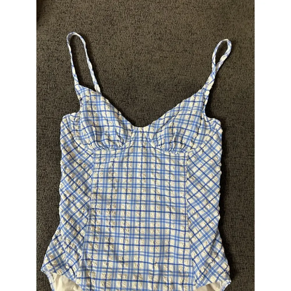 Tory Burch Check Plaid Gingham Swimsuit size M Underwire Blue White Seersucker